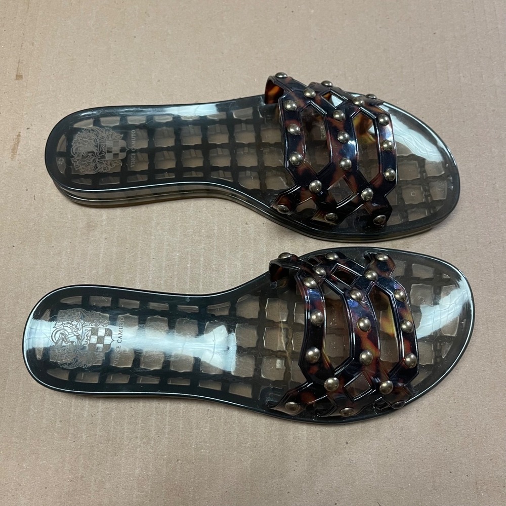 Vince Camuto Womens Sz 8 Carron Tortoise Studded Clear Jelly Flat Slides Sandals - Picture 2 of 9